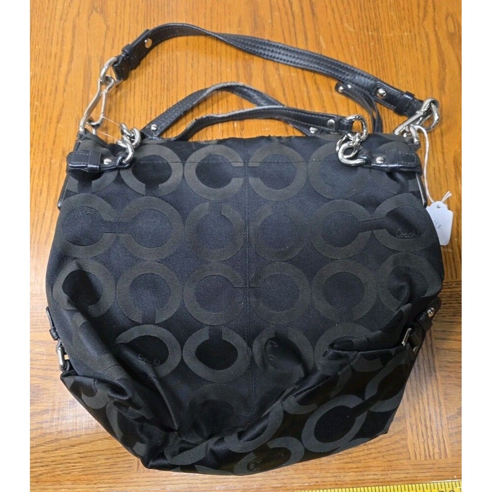Coach Brooke 14147 Black Signature Sateen Shoulder Bag Black Leather Trim Silver